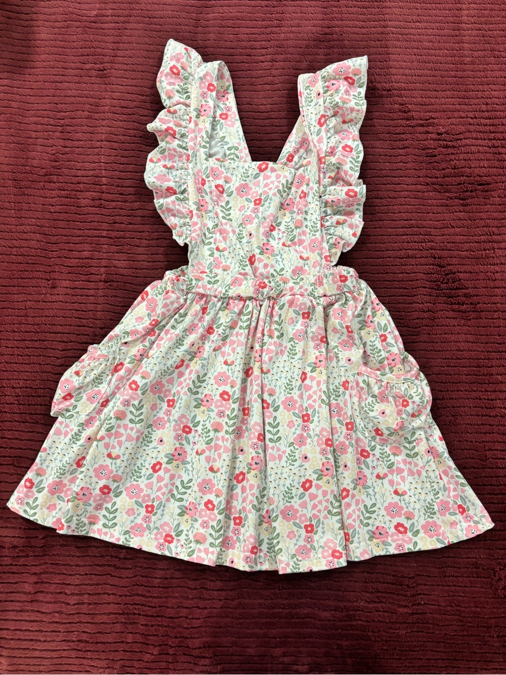 Girls Floral Ruffle Pinafore Dress in Pink and Green